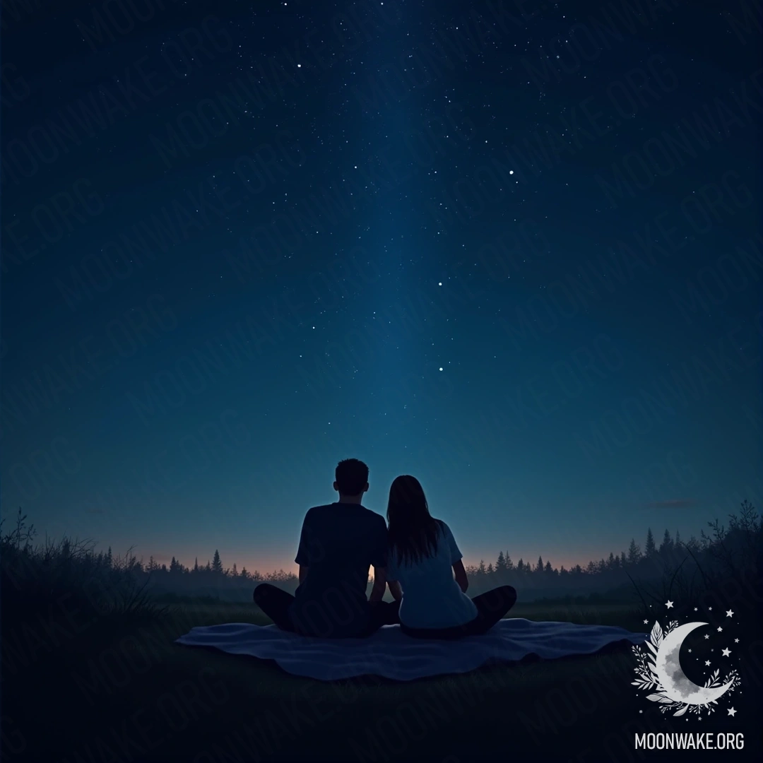 A couple lying on a blanket, watching stars in a clear night sky.