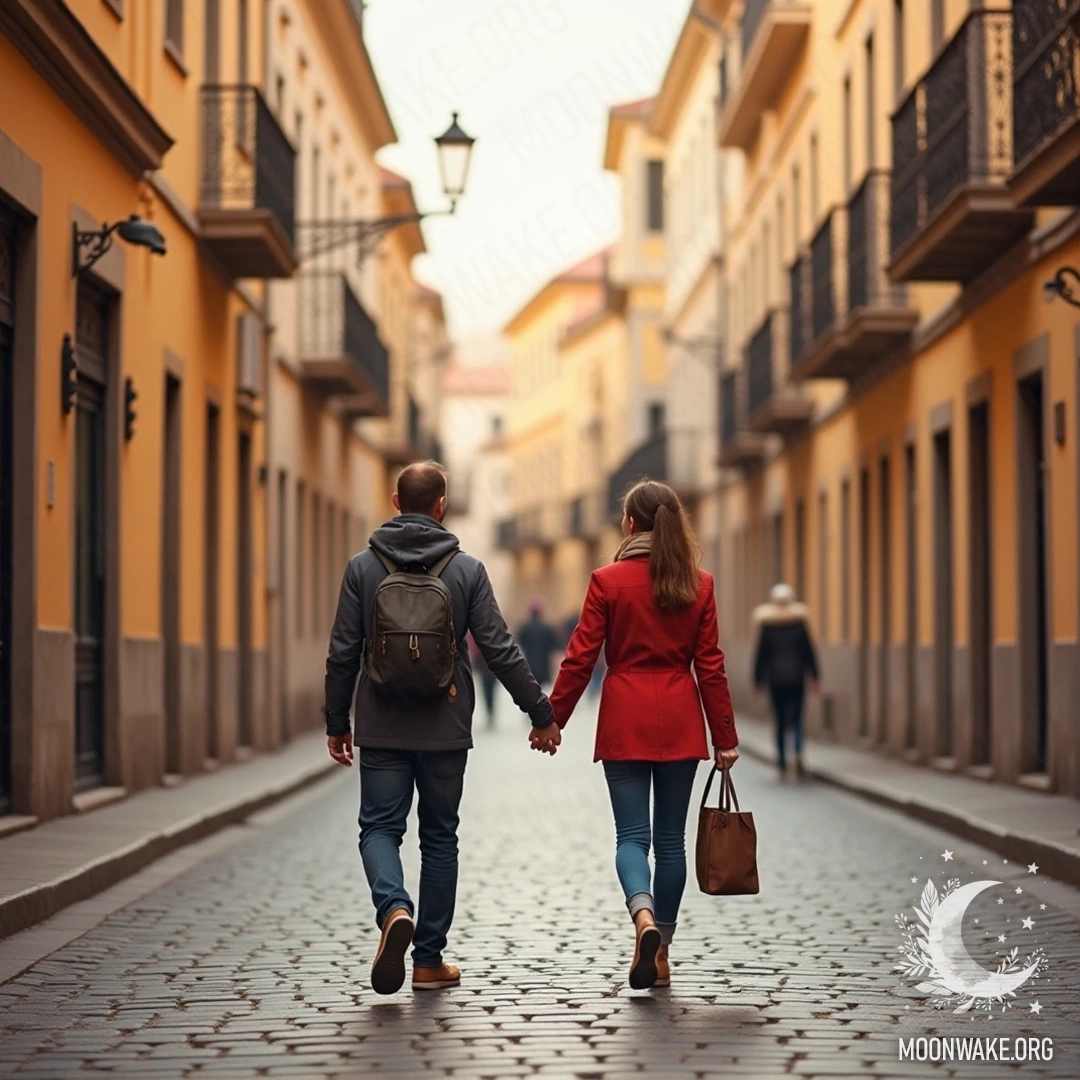 A couple holding hands while walking down a cobblestone street in a beautiful city.