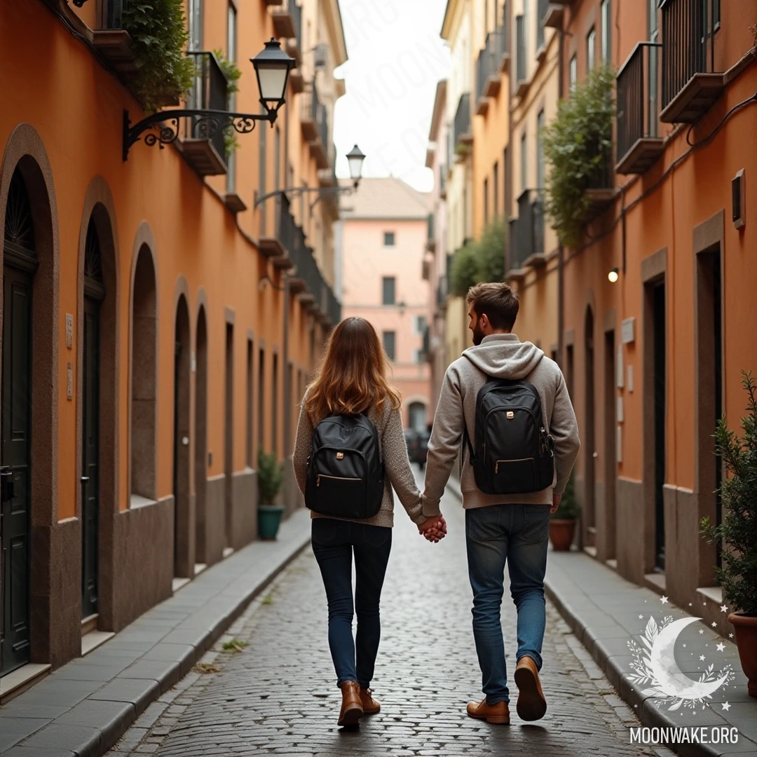 A couple holding hands while walking down a cobblestone street in a beautiful city.