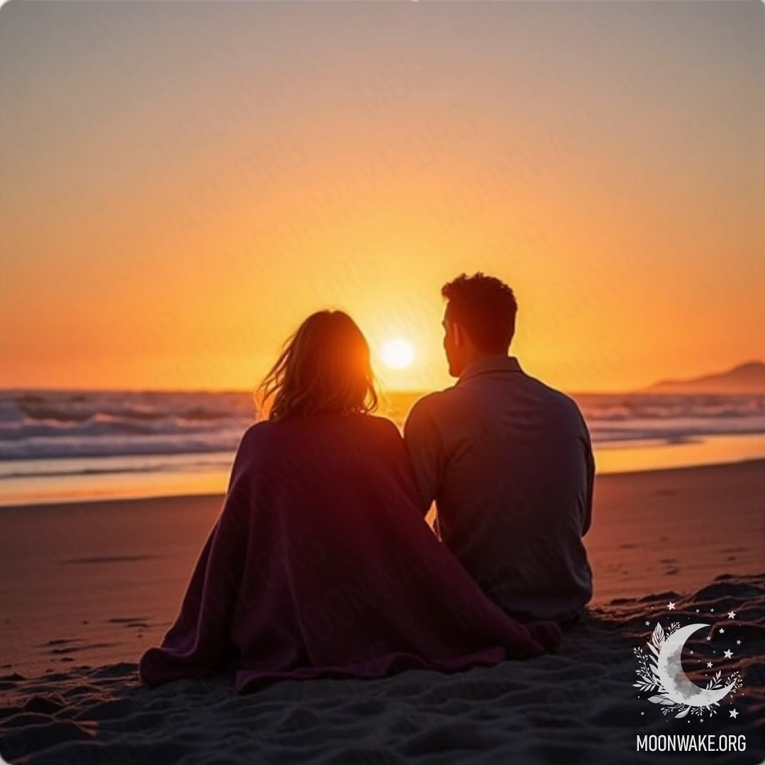 A couple sitting on the sand, wrapped in a blanket, watching the sunrise together.
