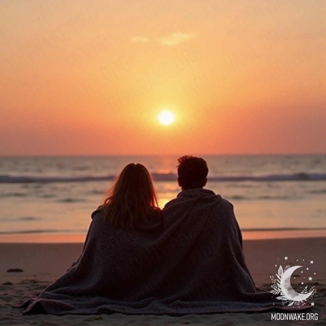 A couple sitting on the sand, wrapped in a blanket, watching the sunrise together.