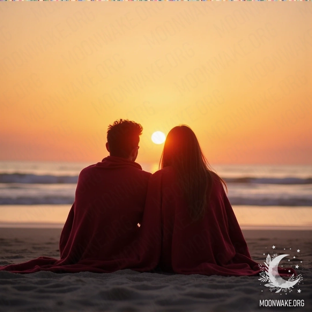A couple sitting on the sand, wrapped in a blanket, watching the sunrise together.