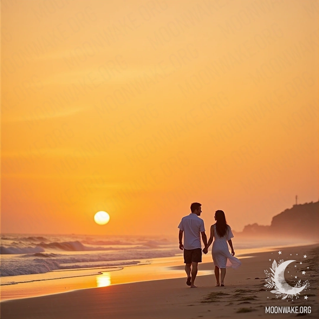 A couple walking hand in hand on a beach during sunset.