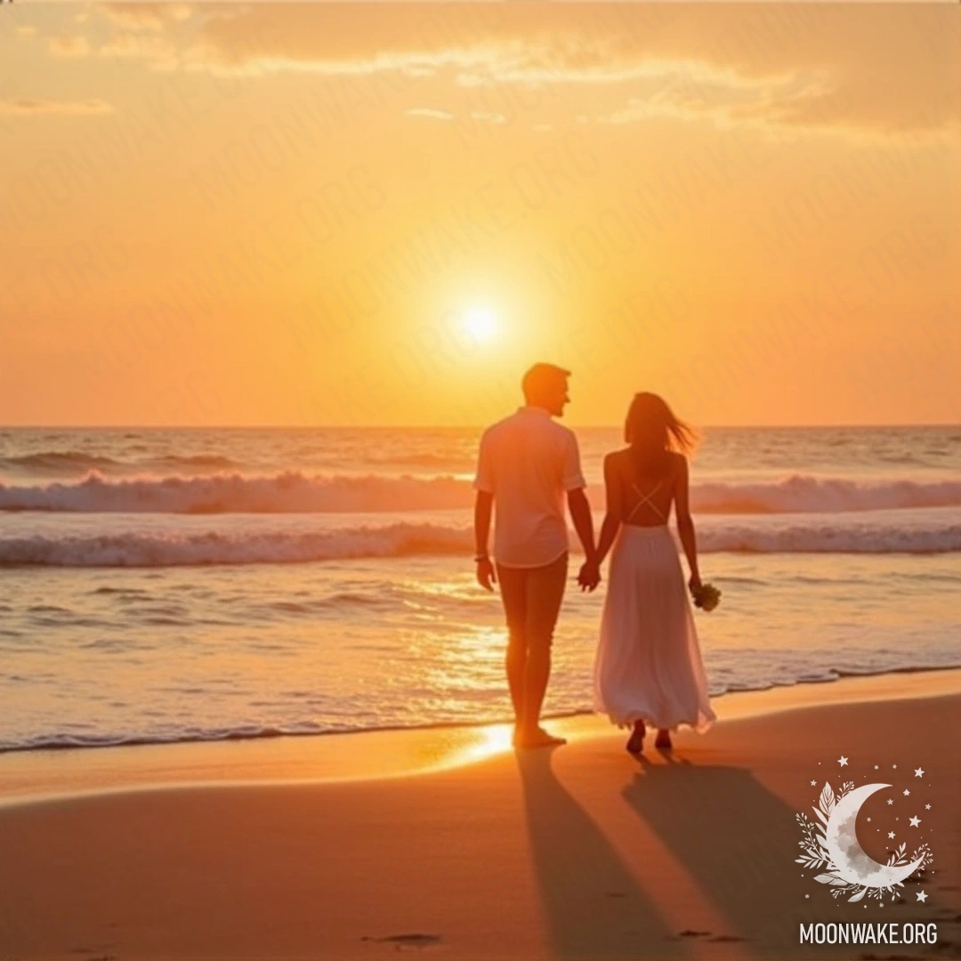 A couple walking hand in hand on a beach during sunset.