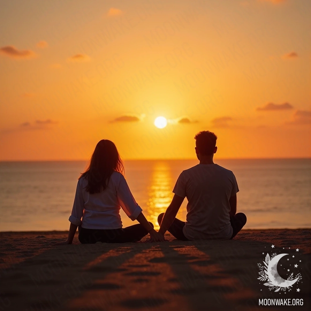 A couple sitting hand in hand on the beach, watching the sunset.