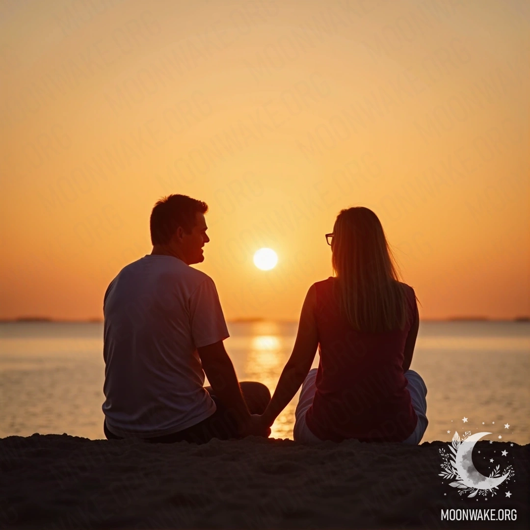 A couple sitting hand in hand on the beach, watching the sunset.