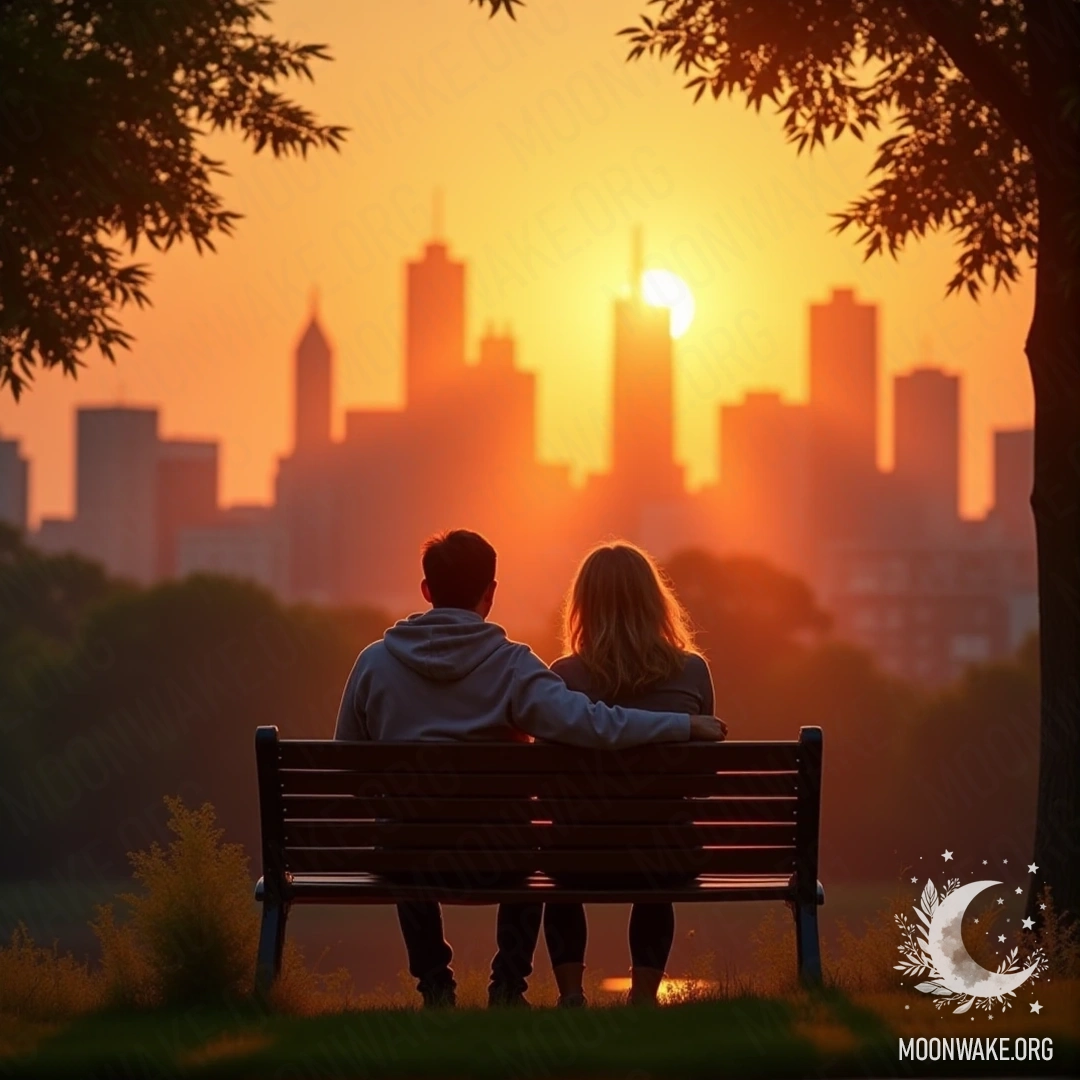 A couple sitting on a bench in a park, watching a colorful sunset over the city skyline.