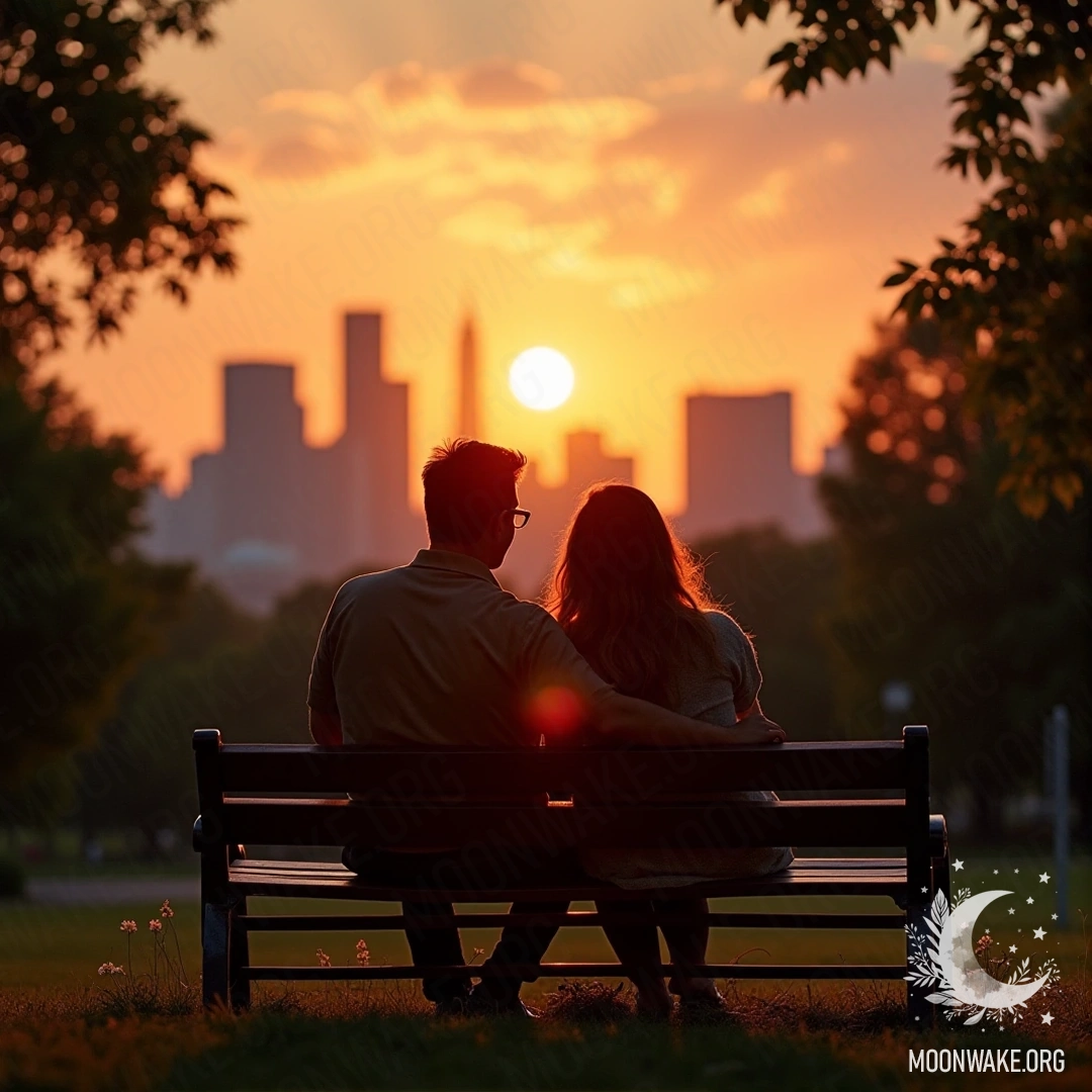 A couple sitting on a bench in a park, watching a colorful sunset over the city skyline.