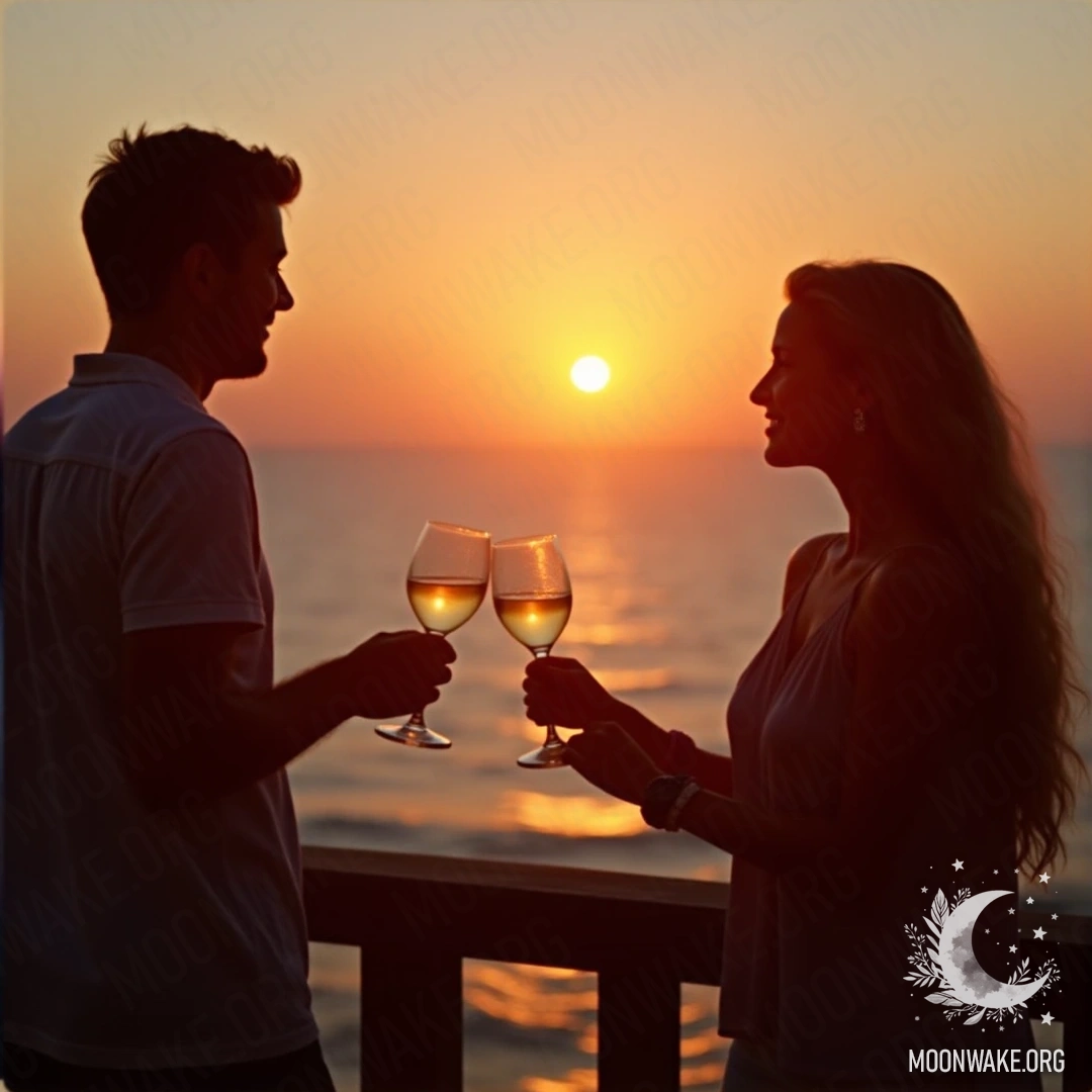 A couple clinking wine glasses at sunset, with the ocean in the background.