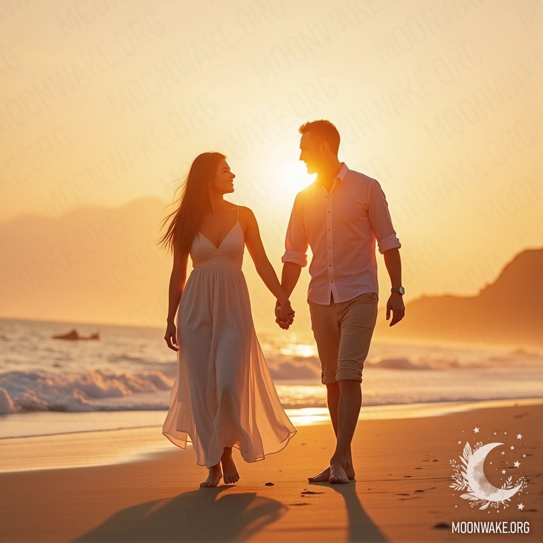 A couple walking hand in hand on the beach at sunset, barefoot on the sand