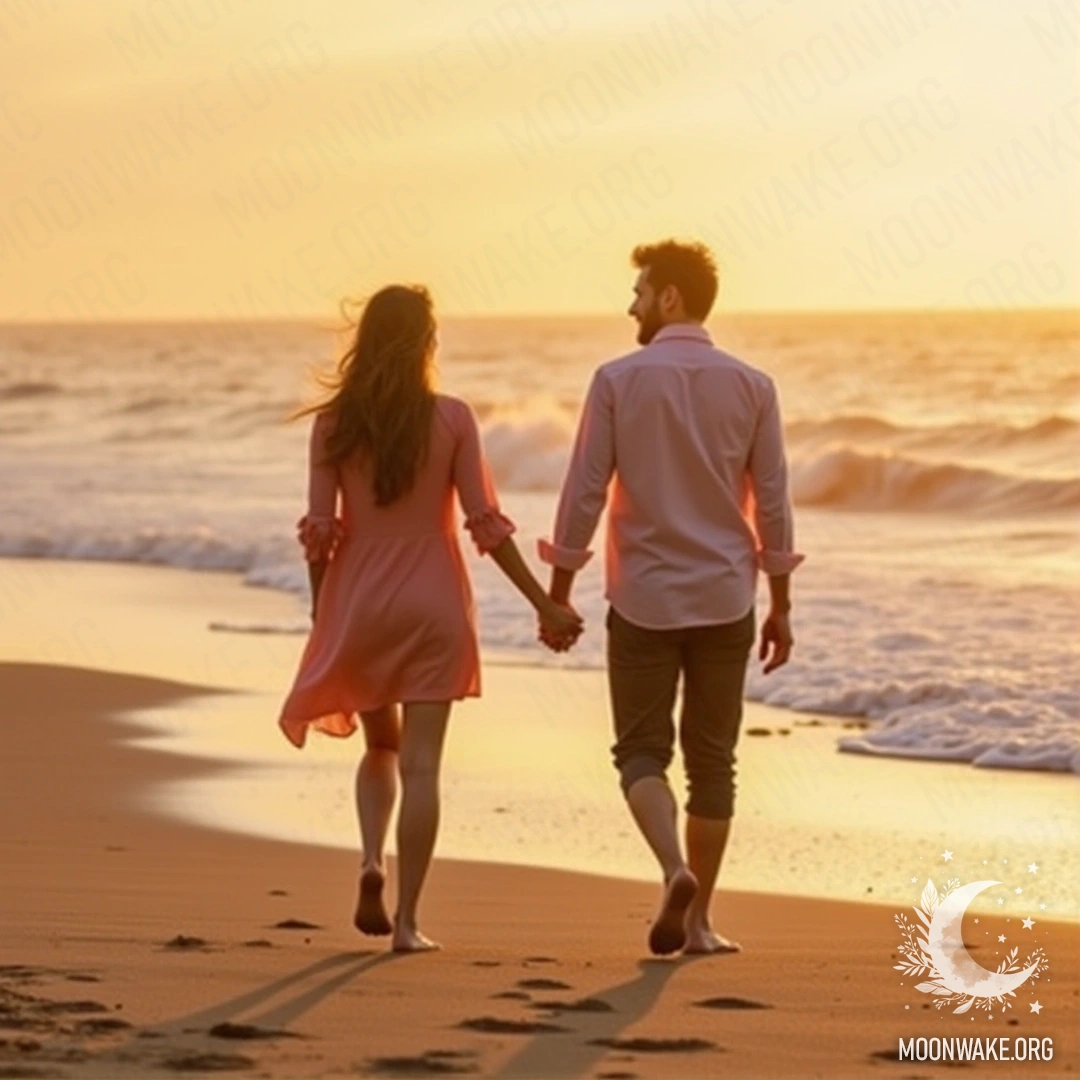 A couple walking hand in hand on the beach at sunset, barefoot on the sand