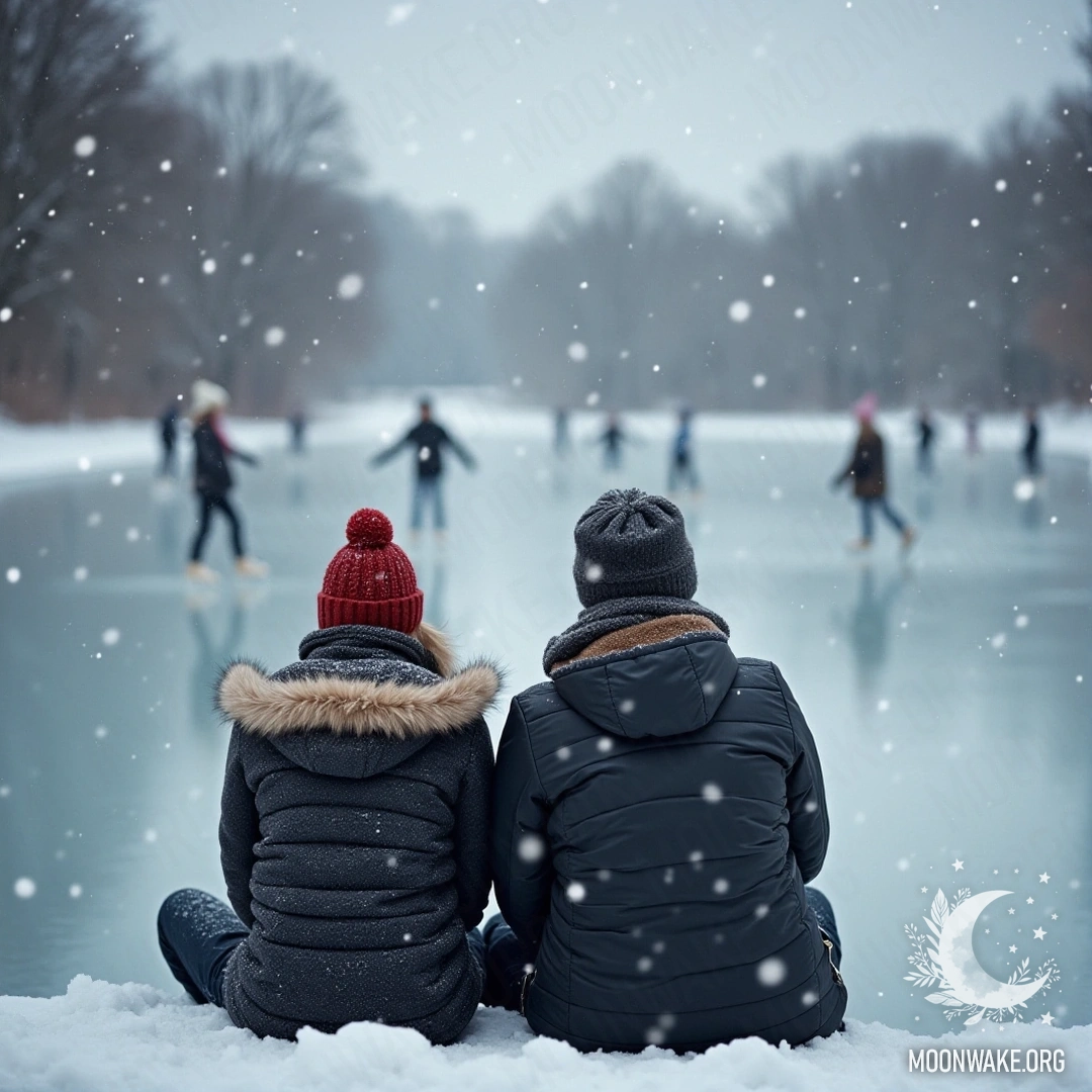 A couple sitting by a frozen lake with ice skaters in the background and snow falling around them.