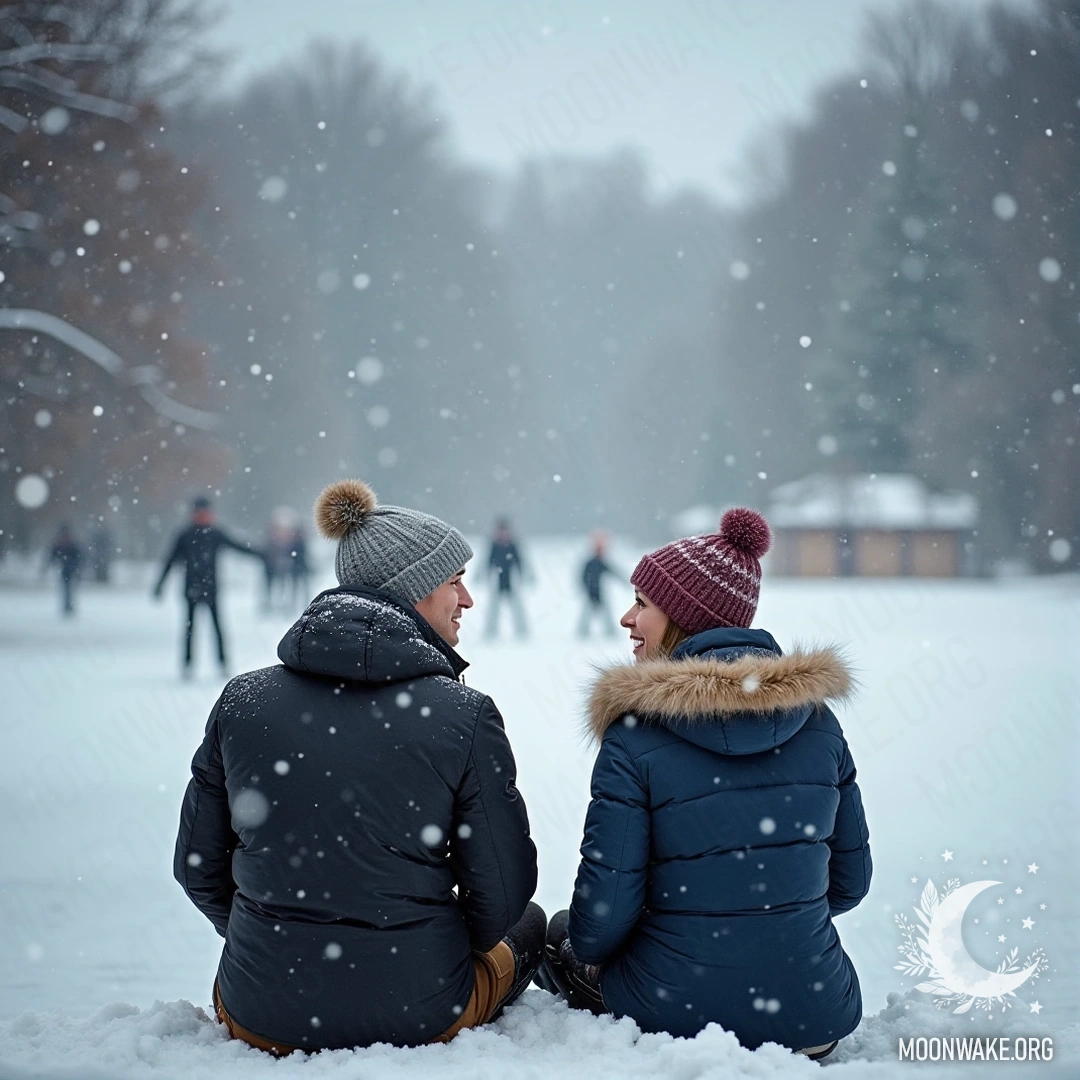 A couple sitting by a frozen lake with ice skaters in the background and snow falling around them.