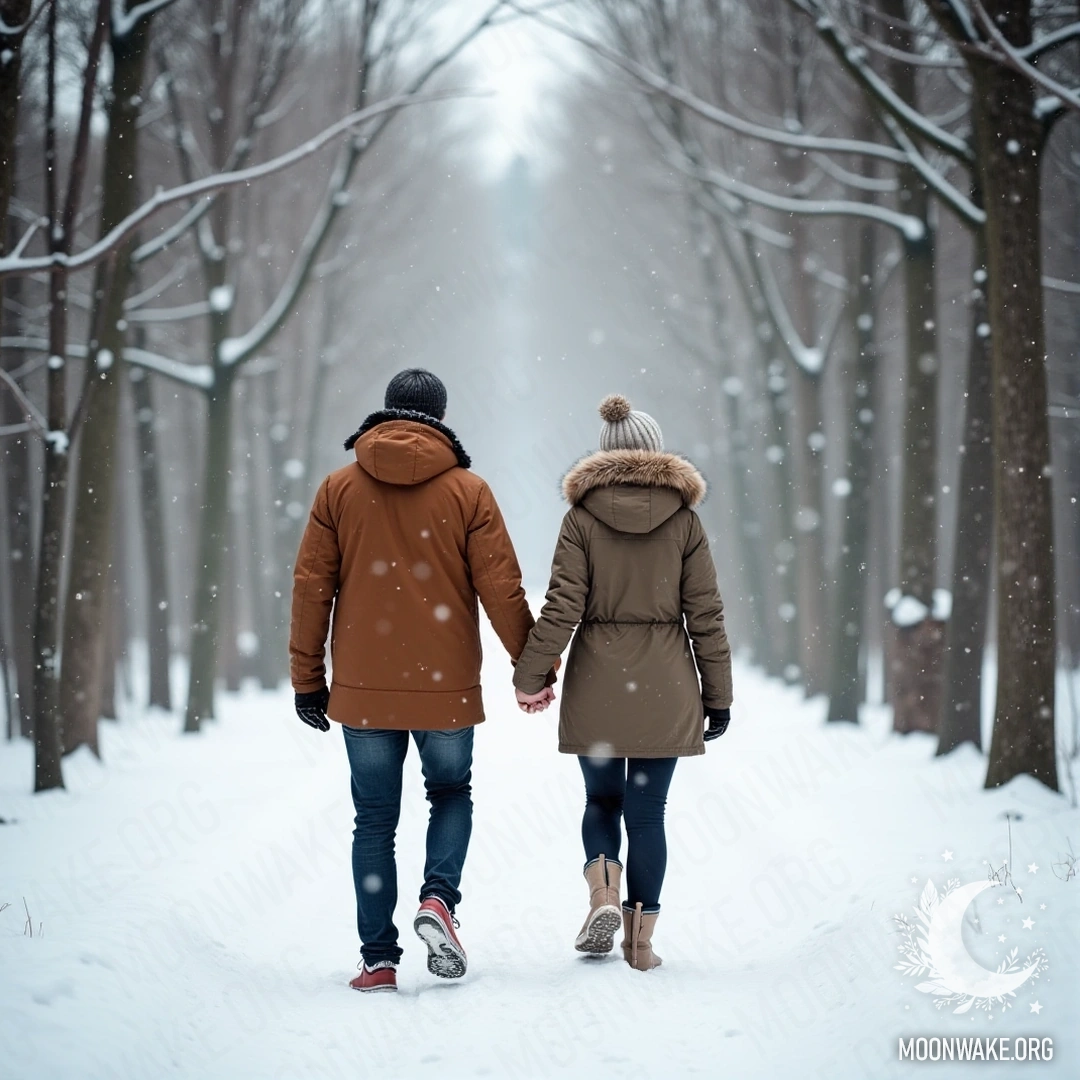 A couple walking hand in hand in a snowy forest with snowflakes falling.