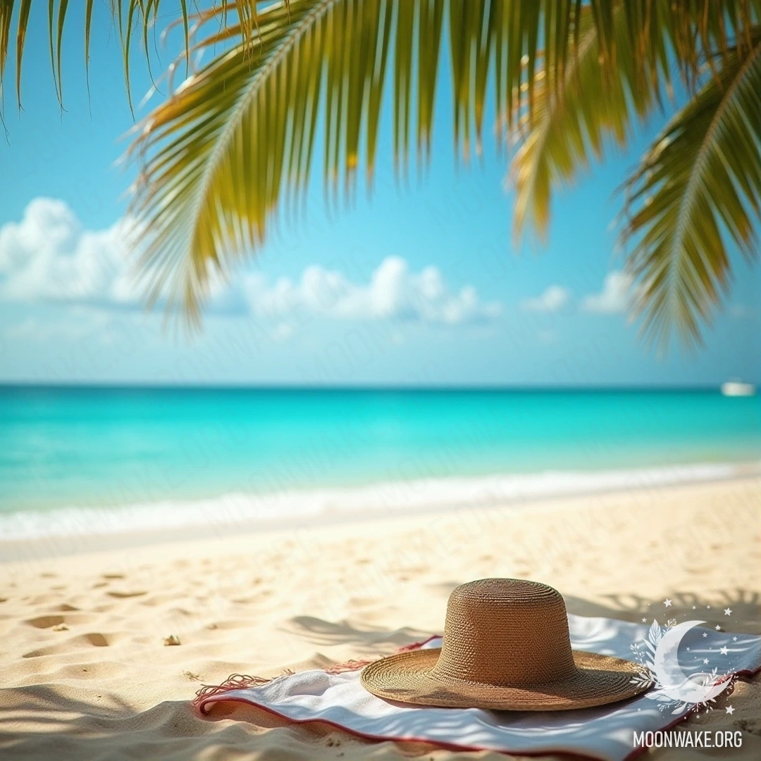 A scenic beach featuring turquoise water, golden sand, and a straw hat on a towel under a palm tree.