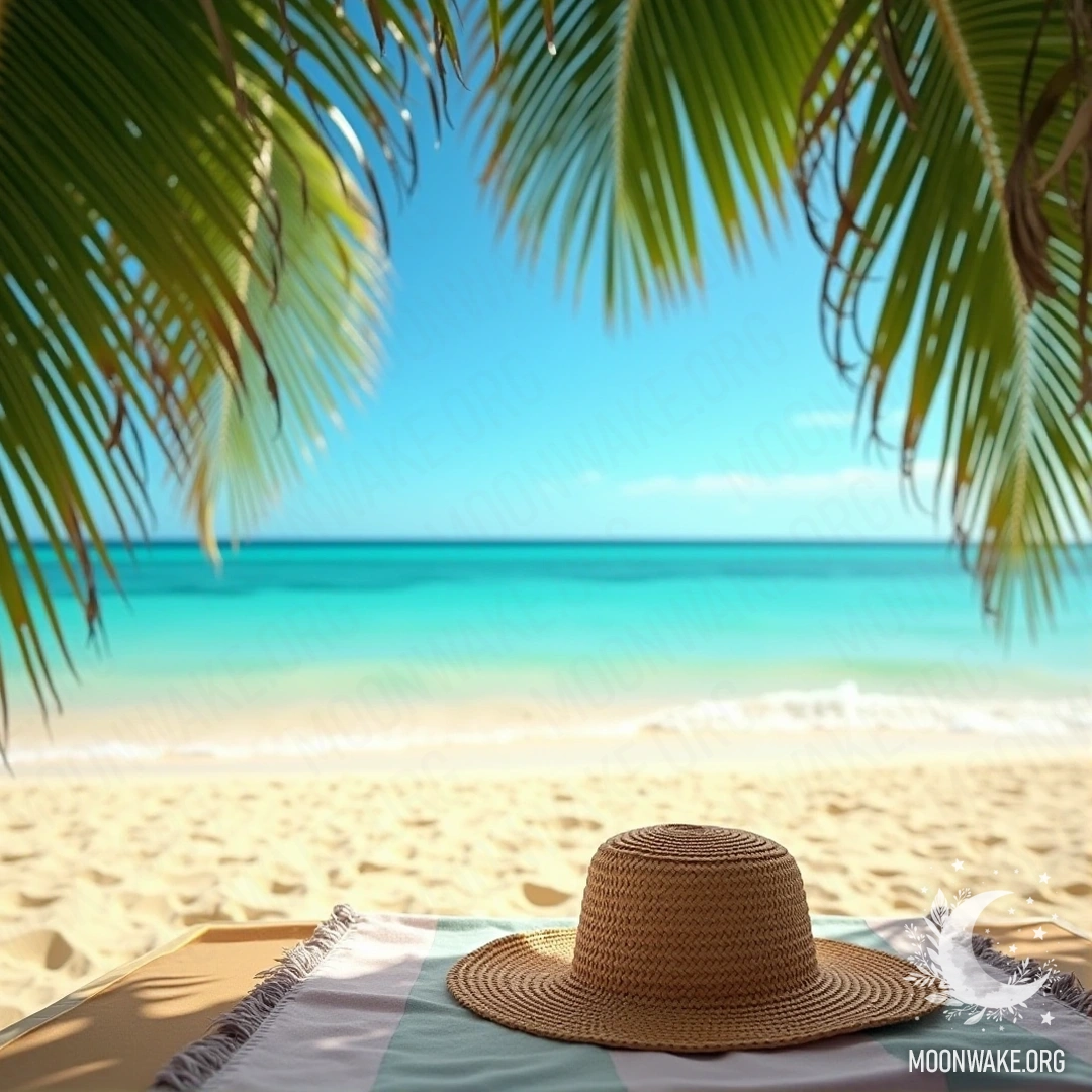 A scenic beach featuring turquoise water, golden sand, and a straw hat on a towel under a palm tree.