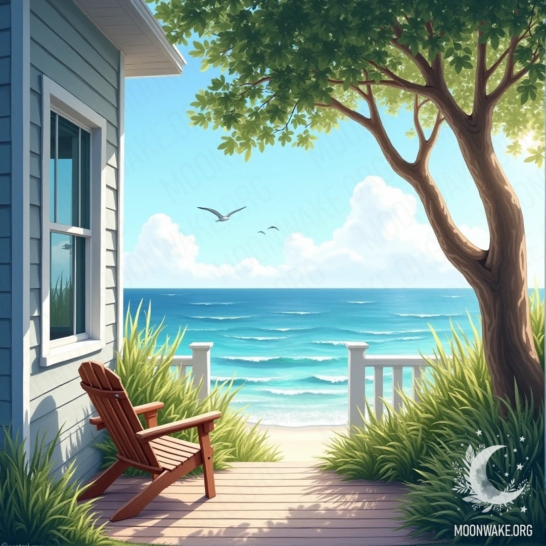 A peaceful beach house with a porch overlooking the ocean, surrounded by trees and a gentle breeze.