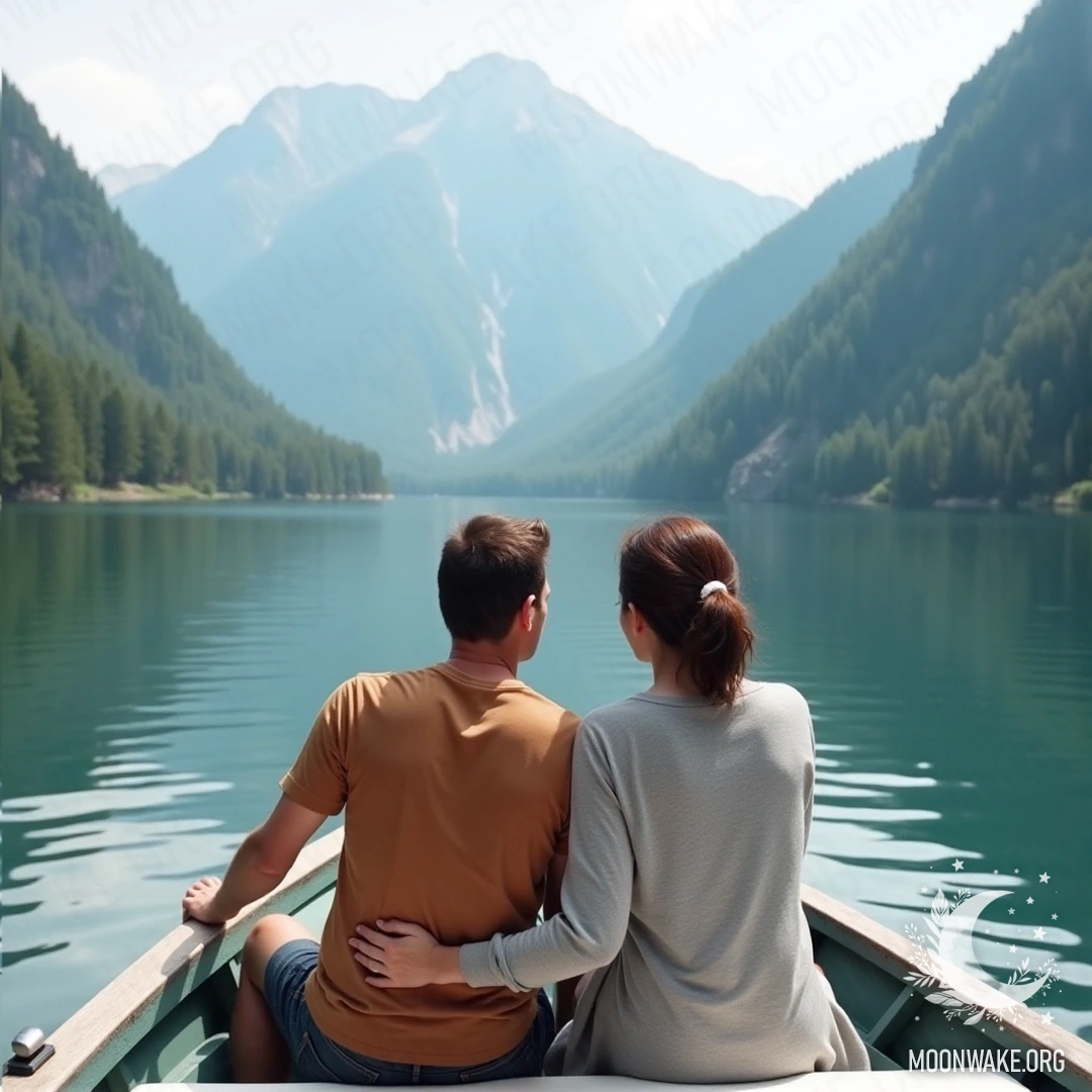 A couple enjoying a peaceful boat ride on a calm lake, with mountains and lush greenery around.