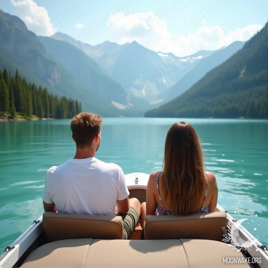 A couple enjoying a peaceful boat ride on a calm lake, with mountains and lush greenery around.