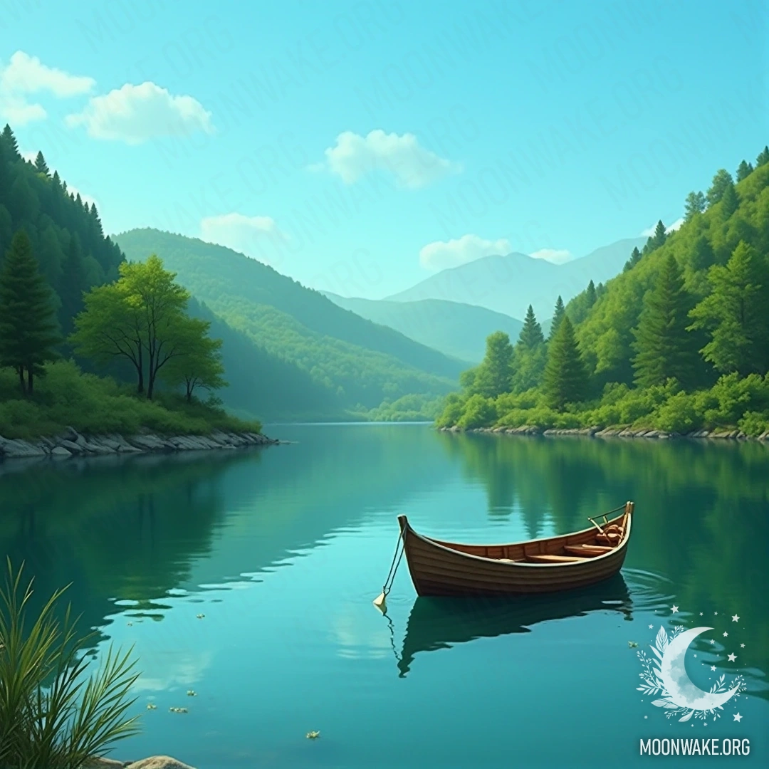 A serene wooden boat floating on a calm lake surrounded by lush green hills under a clear blue sky.