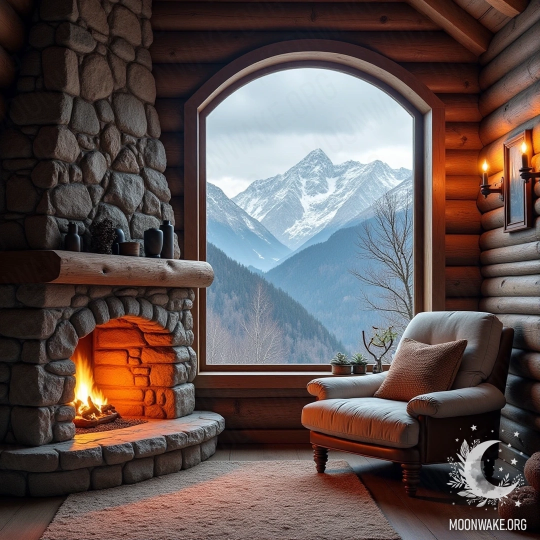 A cozy cabin in the mountains with a stone fireplace and a view of snow-capped peaks.