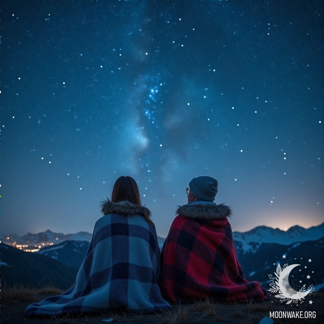 Two people wrapped in a blanket watching the stars from a hilltop.