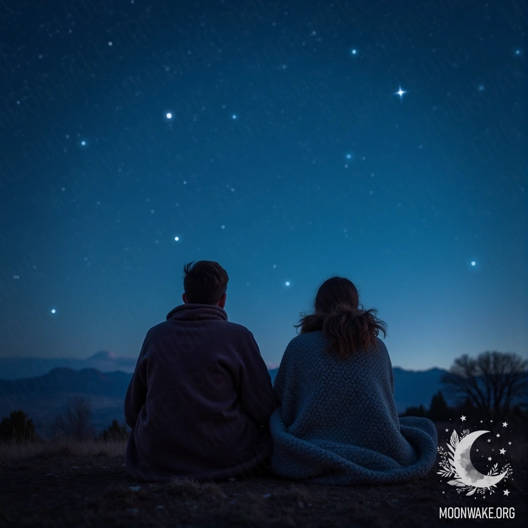Two people wrapped in a blanket watching the stars from a hilltop.