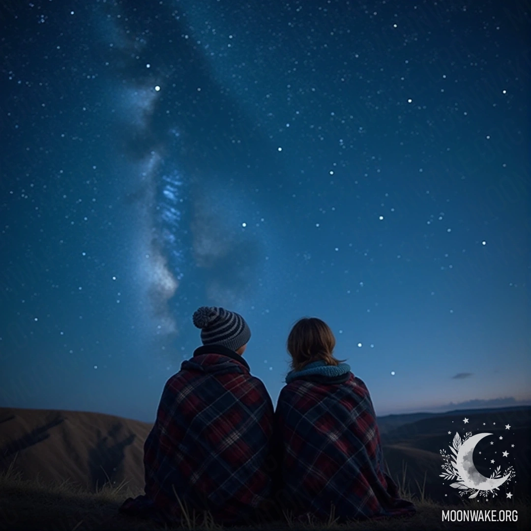 Two people wrapped in a blanket watching the stars from a hilltop.